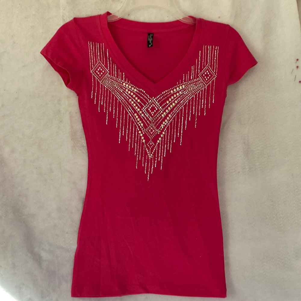 Stretchy Salmon Pink Rhinestone & Iridescent Beaded V-Neck Pullover Top SZ Sm